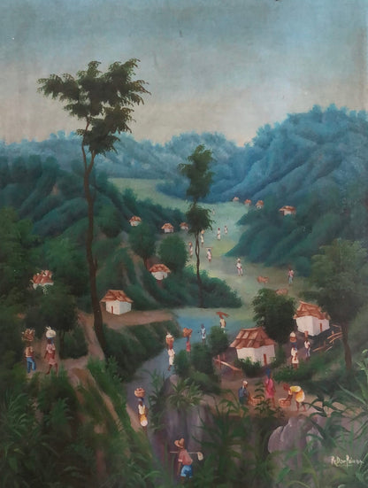 Village scene with houses and people in a lush green landscape