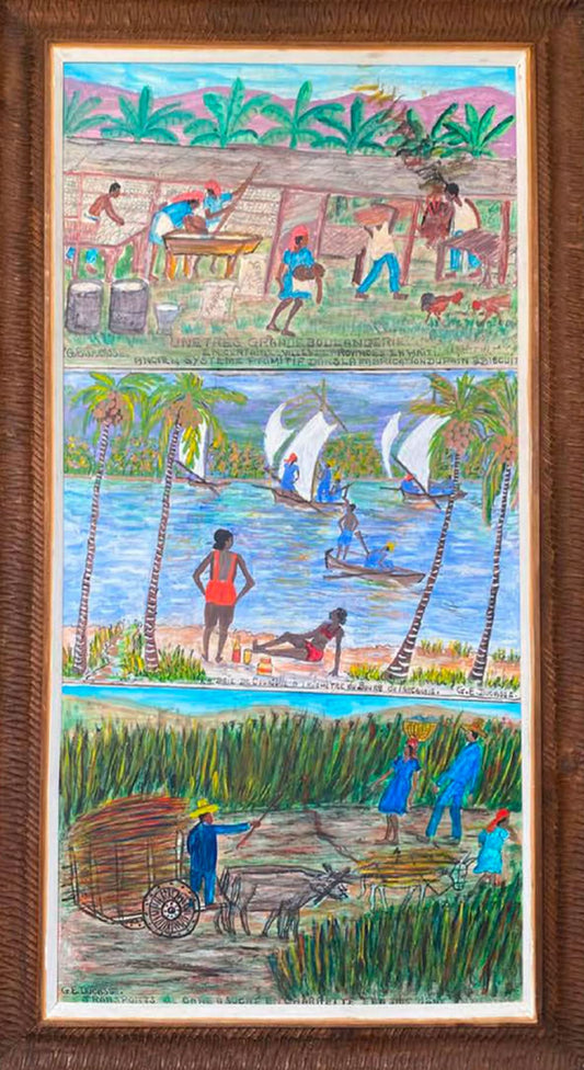 Gervais Emmanuel Ducasse (1903-1988) 48"x24" (3-16"x24") Triptych Haitian Life Scene Oil on Board Painting #23-SM