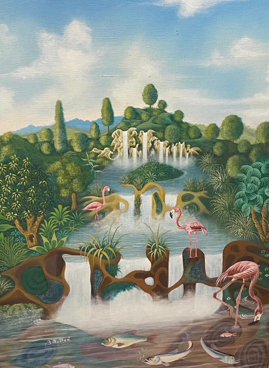 Dupré Tropical Landscape with Flamingos original Haitian oil on canvas depicting pink flamingos, waterfalls, lush tropical vegetation, and reflective waterways, circa 2000, 40 × 30 inches.
