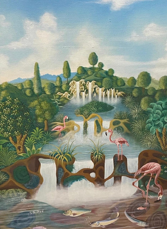 Dupré Tropical Landscape with Flamingos original Haitian oil on canvas depicting pink flamingos, waterfalls, lush tropical vegetation, and reflective waterways, circa 2000, 40 × 30 inches.
