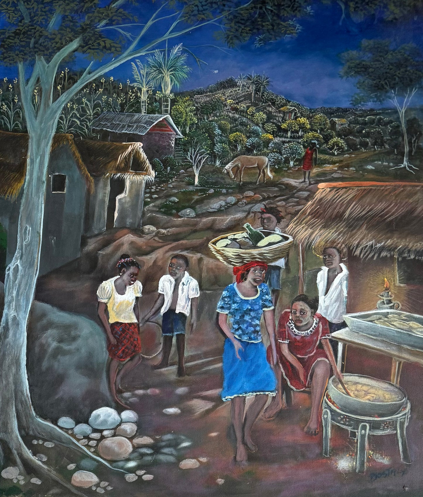 Emmanuel Dostaly 28"x22" Nocturnal Village Scene c1990 Acrylic on Canvas Painting #3BB