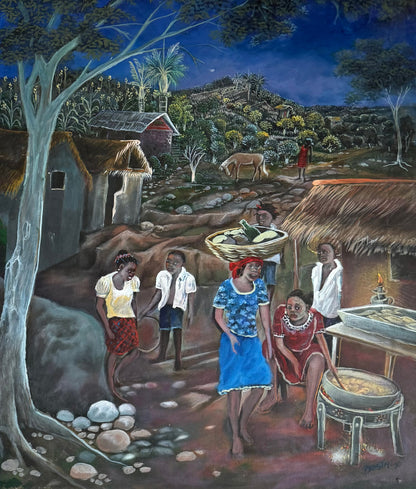 Emmanuel Dostaly 28"x22" Nocturnal Village Scene c1990 Acrylic on Canvas Painting #3BB