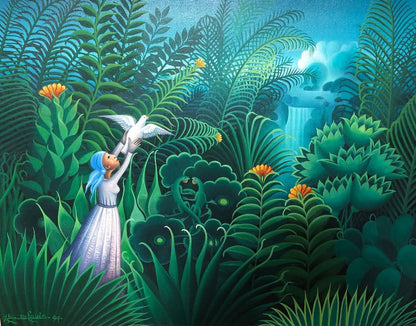 ]Eric Jean-Louis Freeing the Dove Haitian oil on canvas painting with tropical foliage, waterfall, woman in white releasing a dove, from Georges S. Nader private collection New York