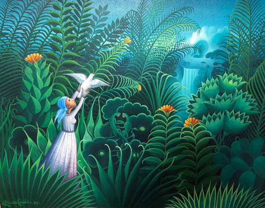 ]Eric Jean-Louis Freeing the Dove Haitian oil on canvas painting with tropical foliage, waterfall, woman in white releasing a dove, from Georges S. Nader private collection New York