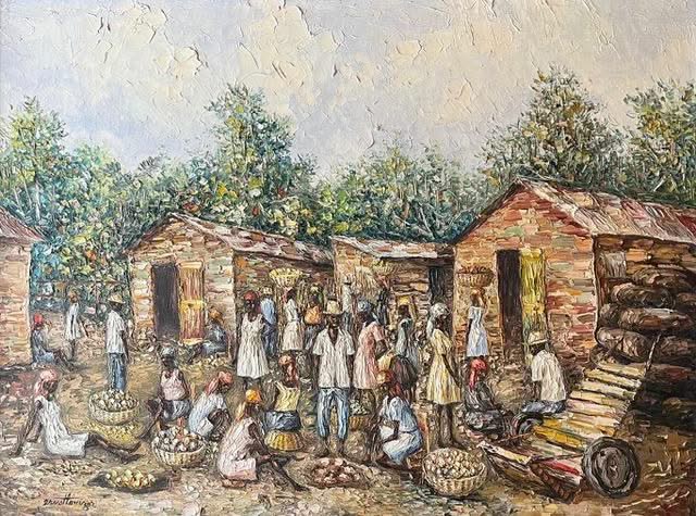 Ernst Louizor Haitian art marketplace oil painting with figures, baskets of produce, rustic houses, heavy palette-knife texture, 24x30 inch canvas.
