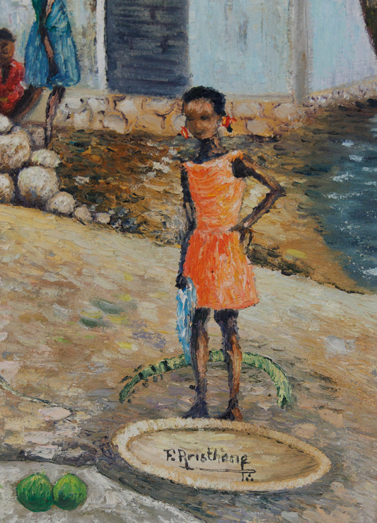 F. Aristhène 38.5" x30.5" Village Scene Oil on Canvas Unframed Painting #1LW