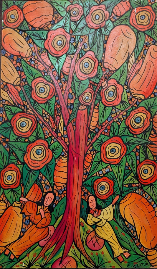 Florence Martinez oil on board painting of a Tree of Life with eye-patterned orange and pink flowers and two figures at its base among orange fruit