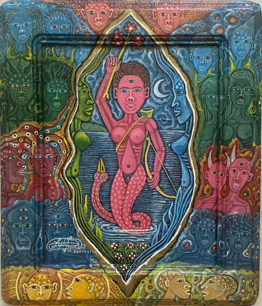 Frantz Zéphirin Vodou mermaid spirit painting with serpent body and surrounding faces, Haitian oil on board 13 × 11 inches.