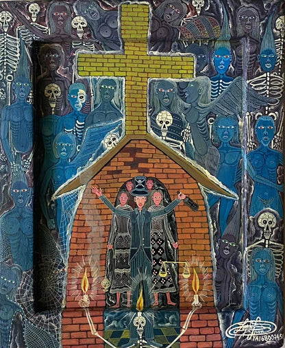 Frantz Zephirin 14"x11" Untitled/ Baron Samedi 2006 Oil on Board Hand-Painted Encrusted Framed Painting  #28JN-HA