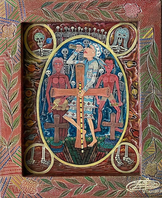 Frantz Zephirin 14"x11" Vodou Scene 2006 Oil on Board Hand-Painted Encrusted Framed Painting  #29JN-HA