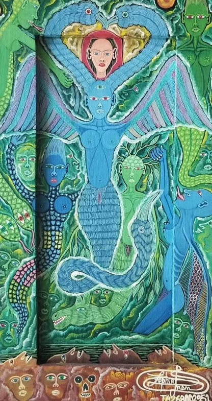 Frantz Zephirin 15”x8” Untitled Blue Mermaid 2002 Oil on Canvas Hand-Painted Encrusted Framed Painting  #25JN-HA