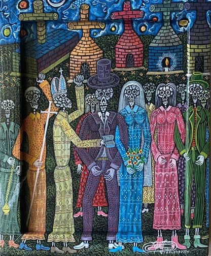 Frantz Zéphirin painting titled The Wedding of Bar, oil on canvas, 17x14 inches, 2005, unframed—depicting a vodou wedding (Baron Samedi & Grann Brigitte) of skeletal figures under a starry sky at Myriam Nader Art Gallery, NY