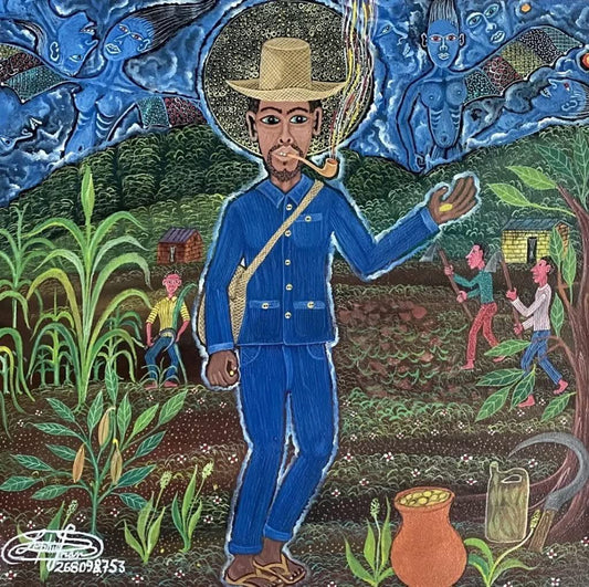 Frantz Zephirin 18"x18" Papa Zaka Oil on Canvas Painting-Hand Painted Frame #20JN-HA