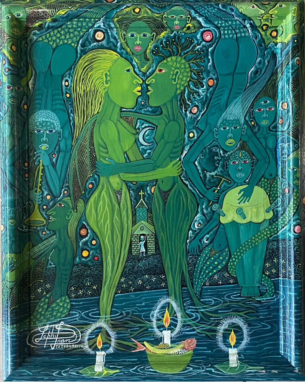 Frantz Zephirin 20"x16" Untitled 2005 Oil on Board Hand-Painted Encrusted Framed Painting  #27JN-HA