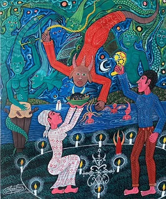 Frantz Zephirin 24"x20" Ceremoni Offrande A Bossou 2005 Oil on Canvas Painting  #24JN-HA