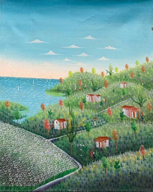 Fritz Émile Haitian coastal landscape oil painting, 24x20 inches, unframed canvas featuring sailboats, green hills, village huts, and flowering trees. 