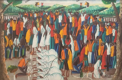 Fritz Joseph Vodou ceremony painting with drummers, dancers, and priestesses, oil on board from a private New York collection.
