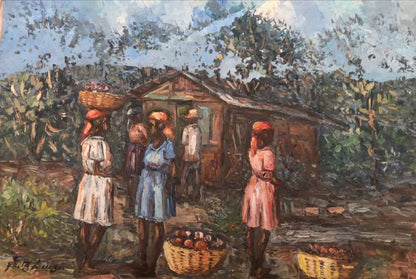 Fritz Louizor painting of Haitian women carrying baskets near a village market, oil on canvas, 12x16 inches, unframed.