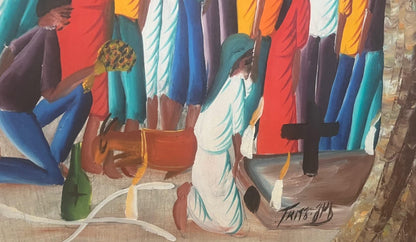 Fritz Joseph 20"x28" Vodou Ceremony c1980 Oil on Board Unframed Painting #1CC