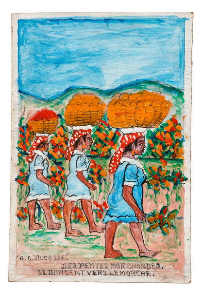 Gervais Emmanuel Ducasse (1903-1988) 24"x16" 1980 "Des Petites Marchandes Se Dirigent Vers Le Marche" Oil on Board Painting #14MFN