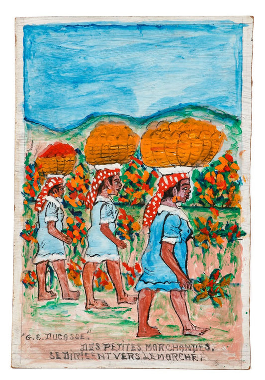 Gervais Emmanuel Ducasse (1903-1988) 24"x16" 1980 "Des Petites Marchandes Se Dirigent Vers Le Marche" Oil on Board Painting #14MFN
