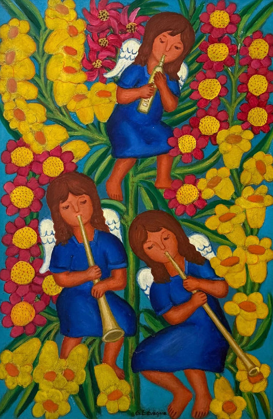Angel musicians painting by Gabriel Leveque, Haitian folk art oil on board, 24x16 inches, unframed.