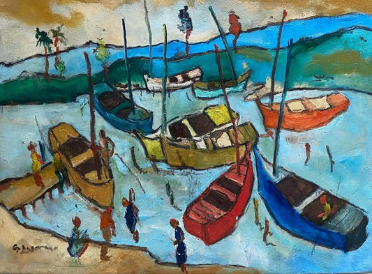 Georges Desarmes 18"x24" Marina with People Oil on Canvas Unframed Painting #6JN-HA