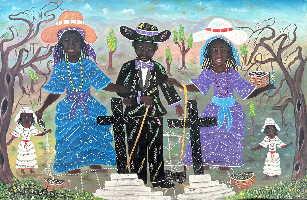 Gerard Fortune Haitian Vodou naïve painting of Baron Samedi, 20x30 inches, signed lower left, unframed.