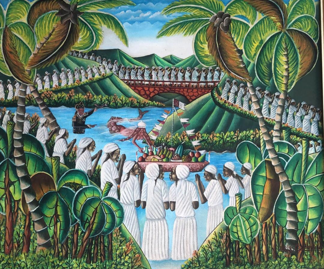 Gerard Valcin (1925-1988) 20"x24" Vodou Ceremony 1985 Oil on Canvas Unframed Painting #5YN