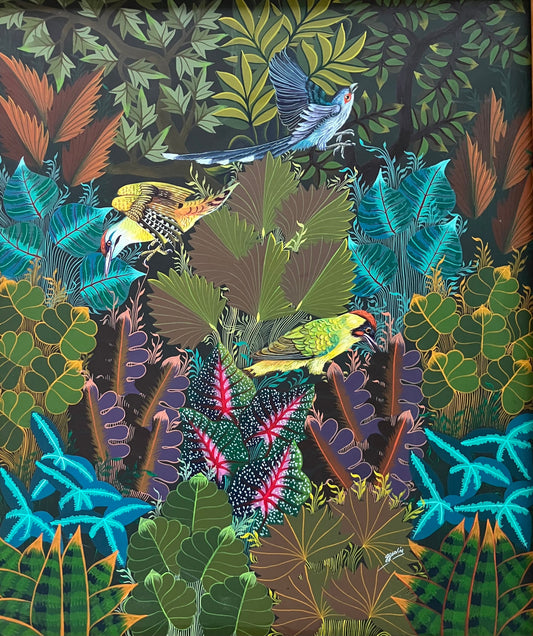 Jacques Geslin Tropical Birds in the Forest, original Haitian painting depicting colorful tropical birds surrounded by lush Caribbean foliage and exotic plants.