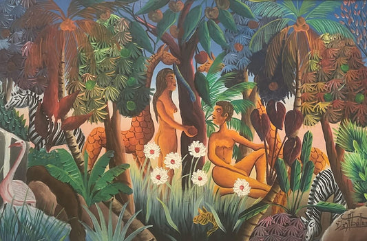 Gesner Abelard Adam and Eve paradise painting with tropical foliage, animals, flowers, and symbolic Biblical imagery, oil on board