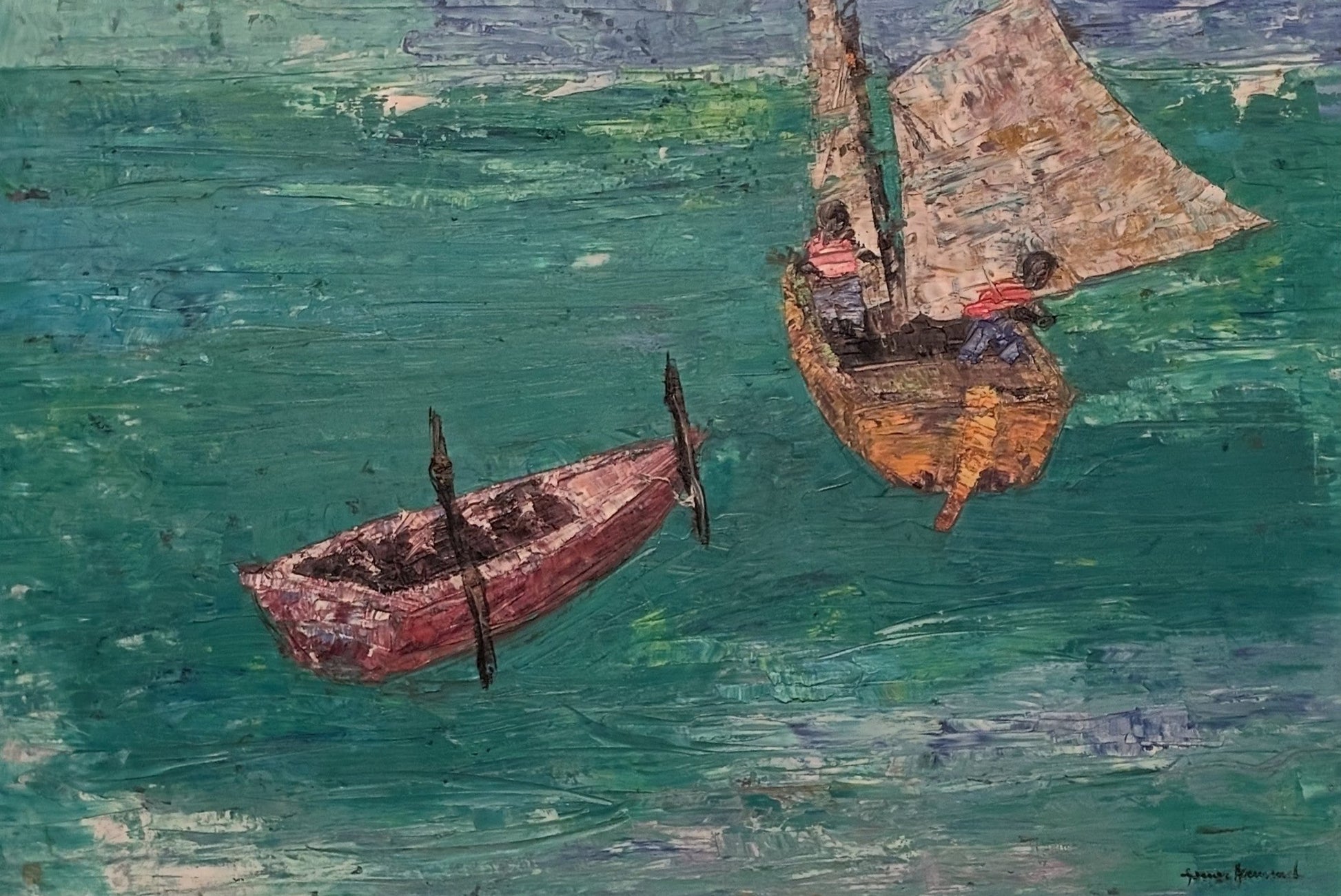 Gesner Armand oil on board painting of a red rowboat and a sailboat with two fishermen on green turquoise water 