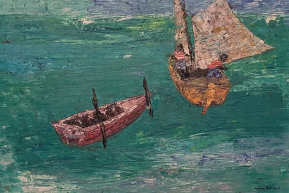 Gesner Armand oil on board painting of a red rowboat and a sailboat with two fishermen on green turquoise water 