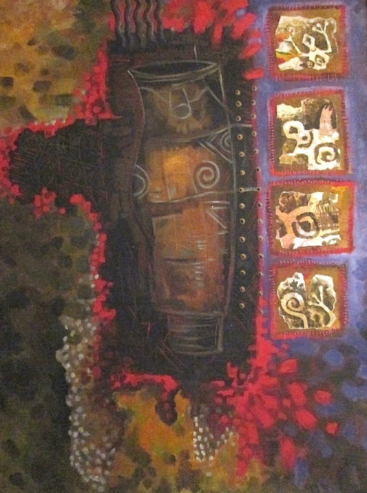 Gregory Vorbe Ancestral Presence acrylic on canvas 2004 depicting a symbolic figure surrounded by abstract motifs, textured forms, and ancestral imagery in rich earth tones and deep reds.