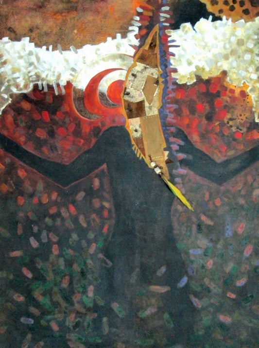 Gregory Vorbe Spirit of Renewal acrylic on canvas depicting a symbolic figure with outstretched arms, abstract patterns, collage elements, and themes of ancestry and transformation.