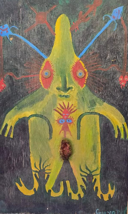 Guyodo original Vodou spirit figure painting on board, a green and yellow figure with red eyes and blue arms on a dark ground