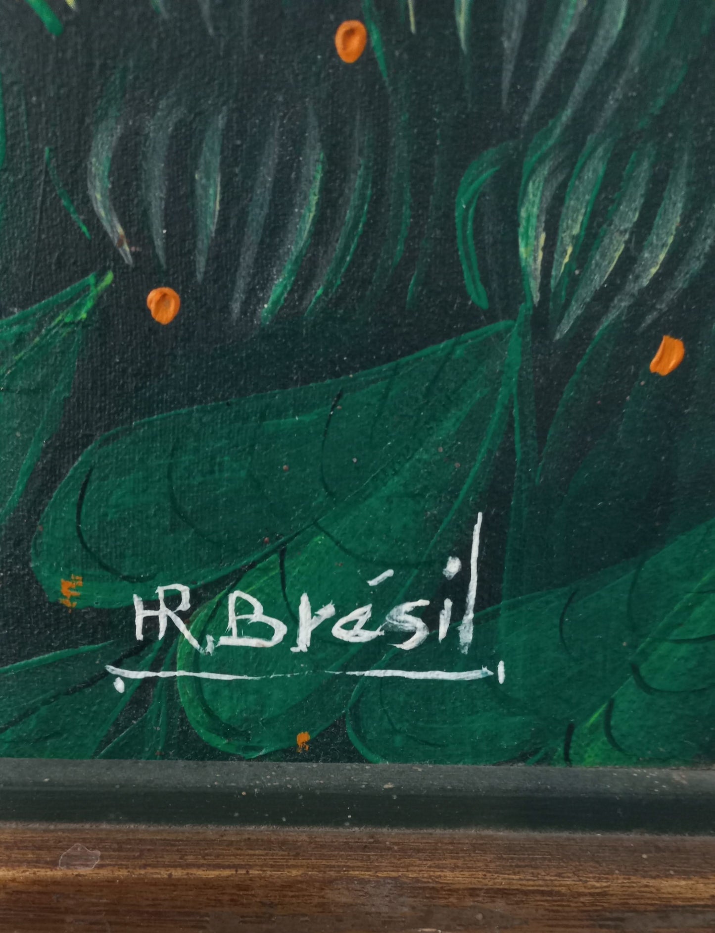 Henri-Robert Bresil (1952-1999) 24"x32" Green Landscape, River & Peasants 1980s Oil on Canvas Framed Painting #1MES