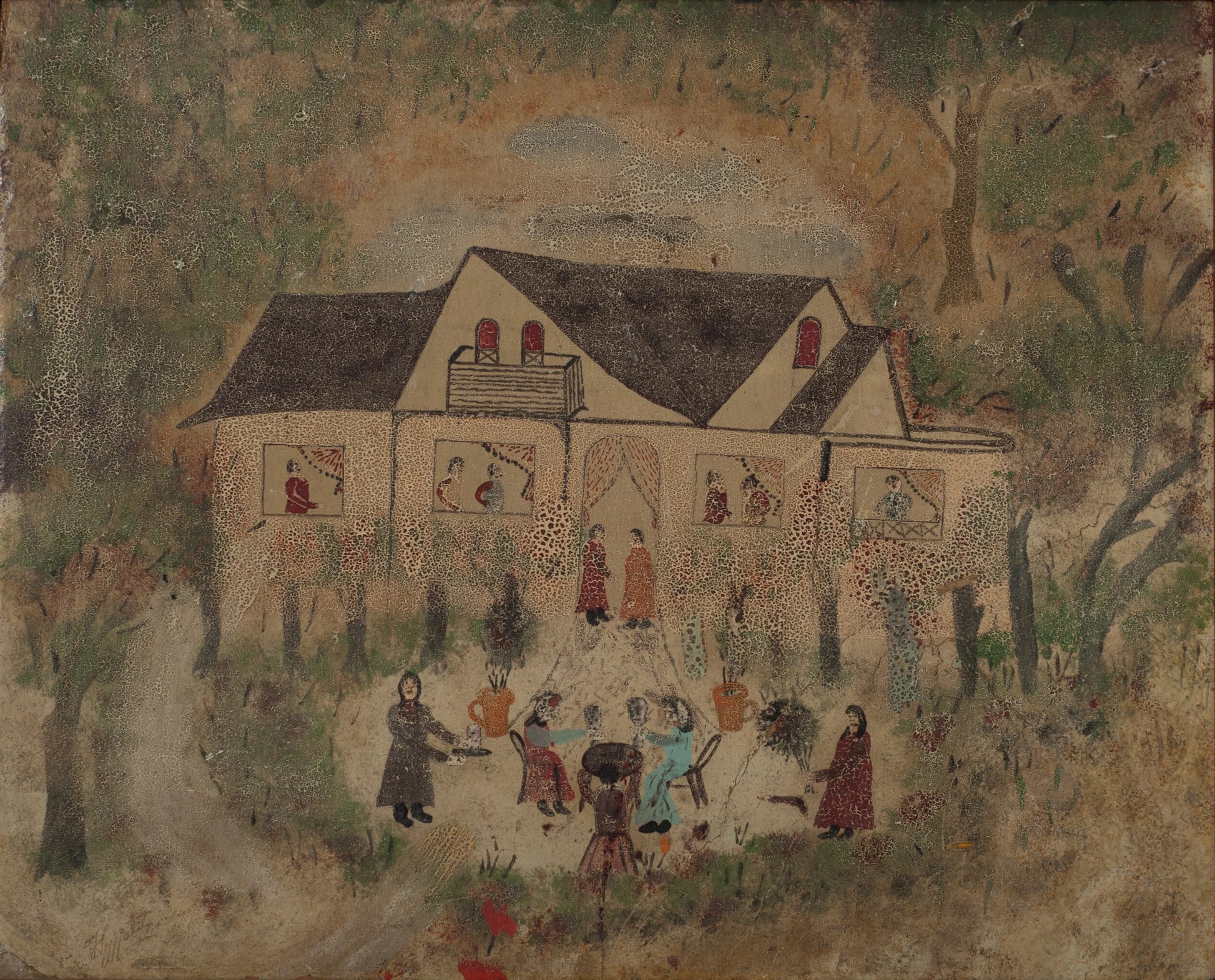 Hector Hyppolite Colonial House House Party c1947 oil on cardboard with figures gathered outside colonial home, dotted technique, Haitian art masterpiece