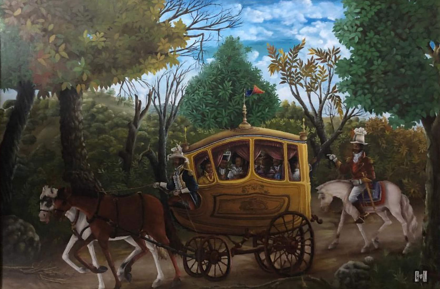 Henry Jehovah 24"x36" Henri Christophe & His Wife in their Carriage c1980 Oil on Canvas Framed Painting-Published in the Book "La Rencontre Des 2 Mondes" by Jean-Marie Drot #1GSN-NY