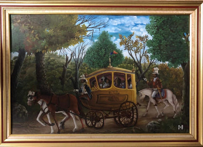 Henry Jehovah 24"x36" Henri Christophe & His Wife in their Carriage c1980 Oil on Canvas Framed Painting-Published in the Book "La Rencontre Des 2 Mondes" by Jean-Marie Drot #1GSN-NY