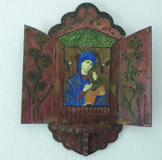 Herza Barjon Virgin and Child devotional shrine, original Haitian mixed media retablo with carved wooden doors depicting the Virgin Mary and Christ Child from a private collection in Florida.