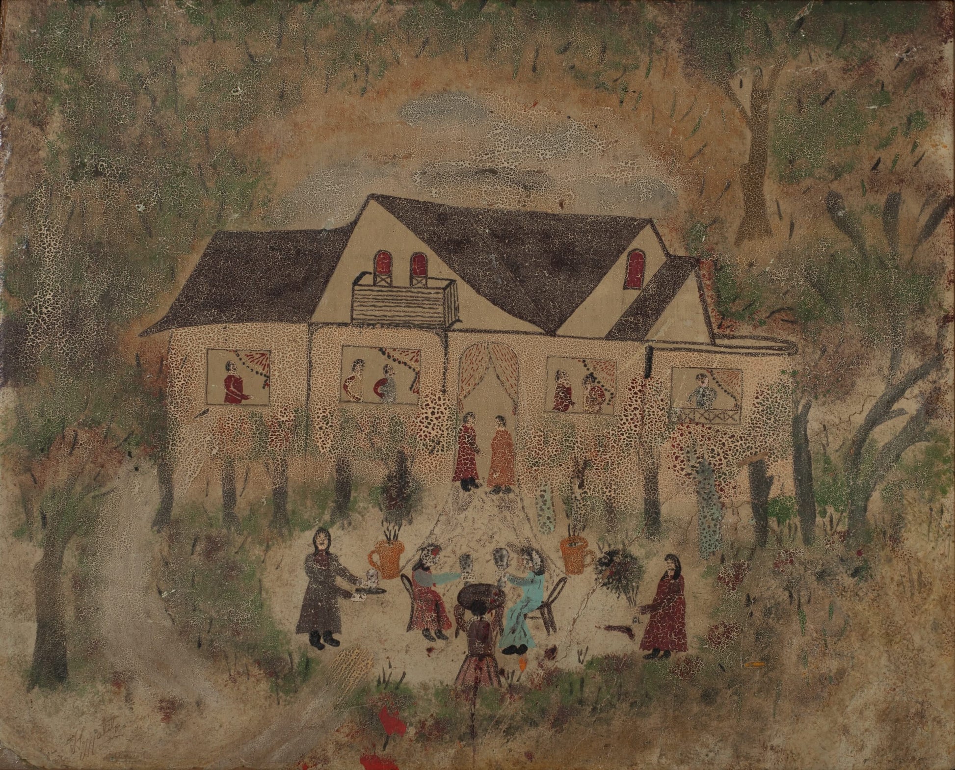 Hector Hyppolite Colonial House House Party c1947 oil on cardboard painting showing a lively colonial home scene with figures; Smithsonian-restored with visible craquelure and a broken corner.

