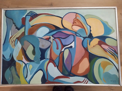 Yannick Jean 24"x36" Abstract 1980s Acrylic on Canvas Framed Painting #1MES