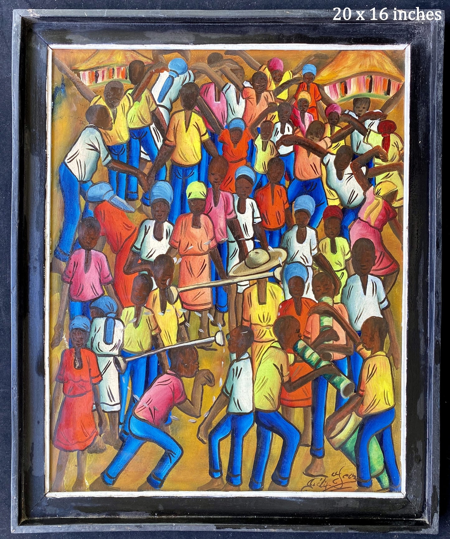 Felix Jean (Haitian, 1929-1978) 20"x16" Street Rara c1970 Oil on Board Framed Painting #1VL
