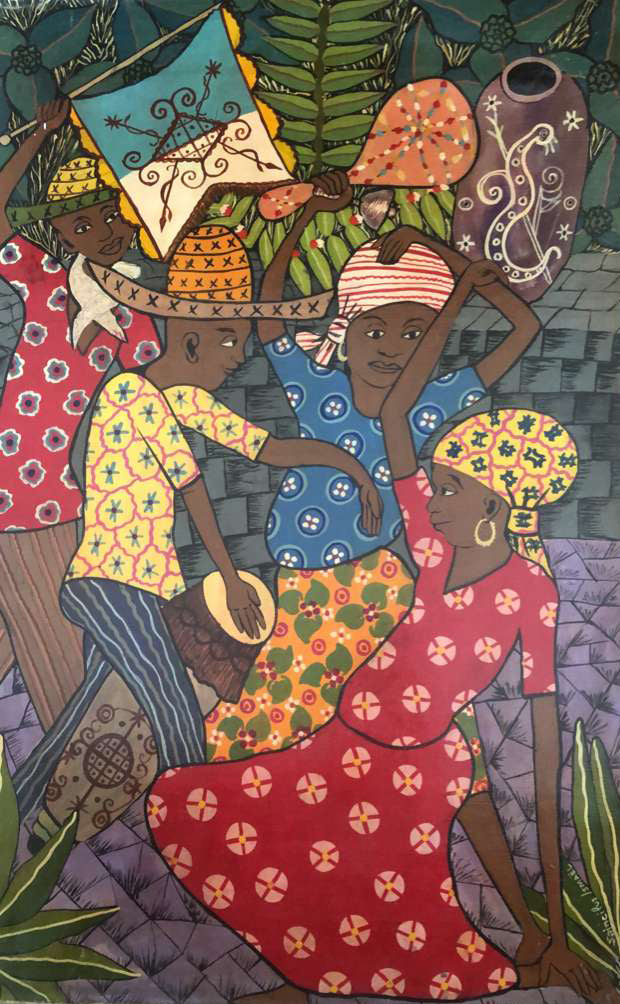 Ismael Saincilus painting of Haitian women dancing and carrying goods in colorful attire, oil on canvas, 20x16 inches, unframed.