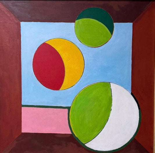 Jacques Gabriel Floating Spheres original Haitian abstract oil on board featuring three colorful geometric spheres in an architectural composition.