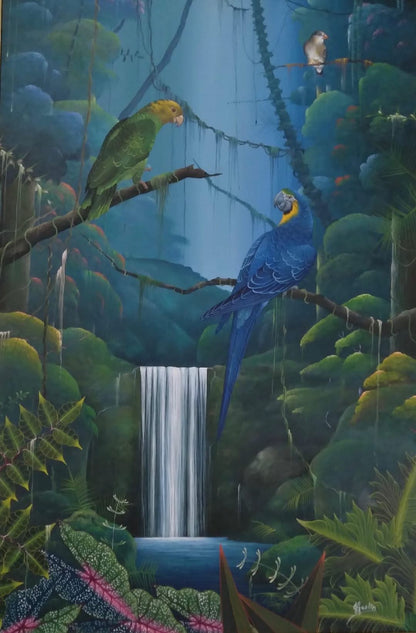 Jacques Geslin 30"x20" Green Tropical Forest With Birds 2005 Oil on Canvas Painting #1PP