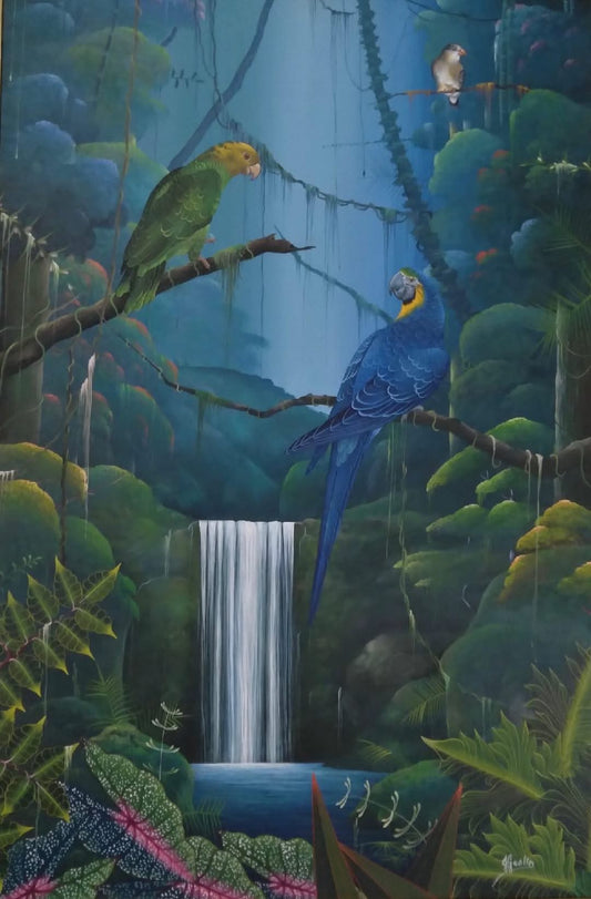 Jacques Geslin 30"x20" Green Tropical Forest With Birds 2005 Oil on Canvas Painting #1PP