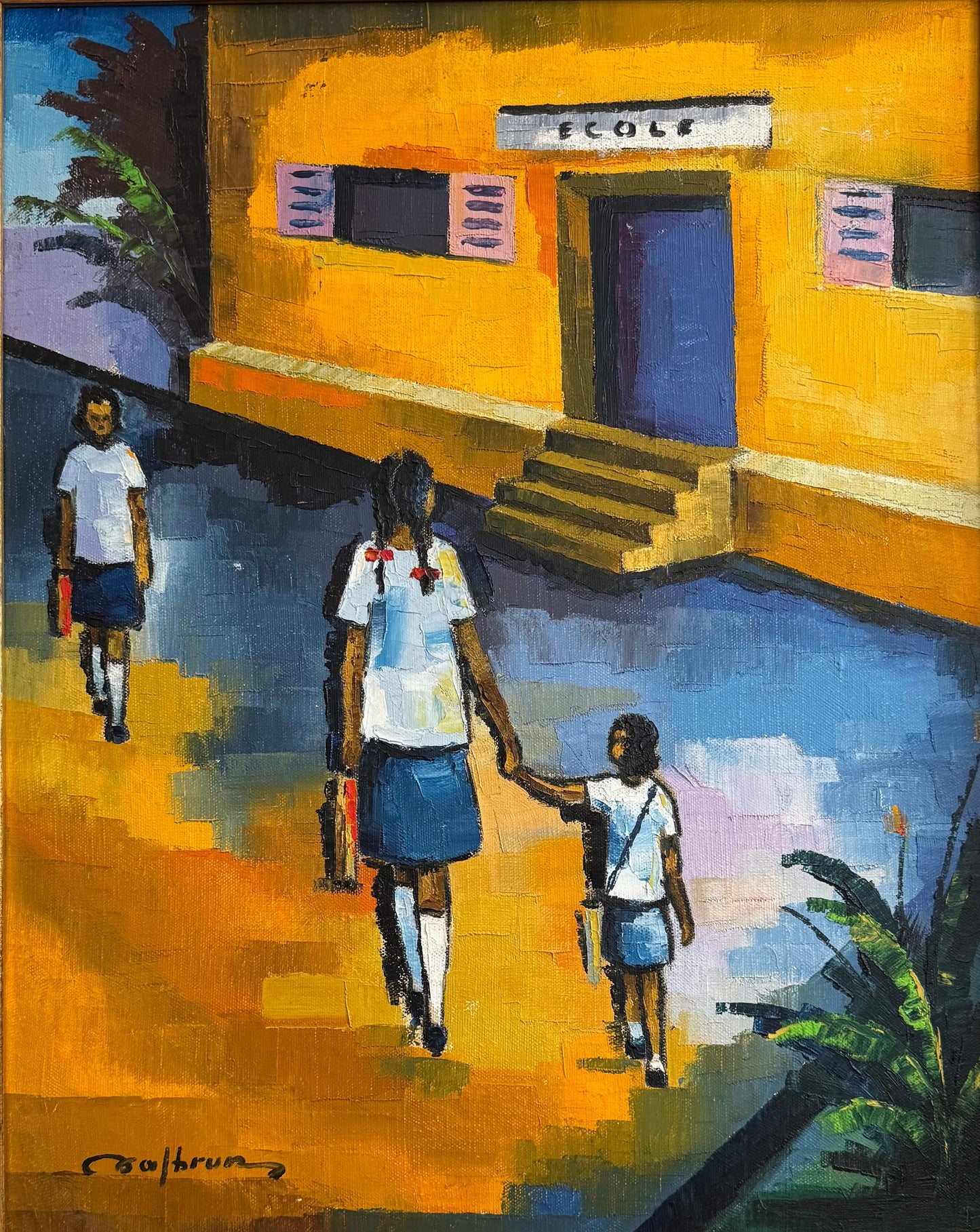 Jacques Valbrun (Haitian, 1938-1992) 20"x16" School Day 1971 Acrylic on Canvas Painting #1KE