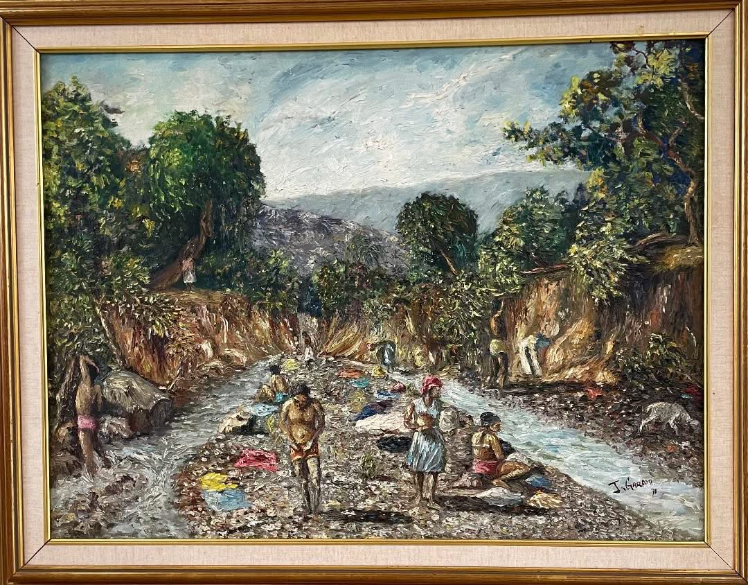 Jacquelin (Jacques) Garcon 24"x32" Wash Day At The River 1977 Oil on Canvas Painting #-3-2-95AN